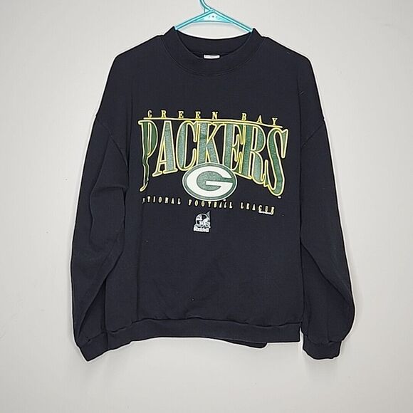 NFL (Riddell) - Green Bay Packers Big Logo Black Crew Neck Sweatshirt 1990's XL - Picture 1 of 5
